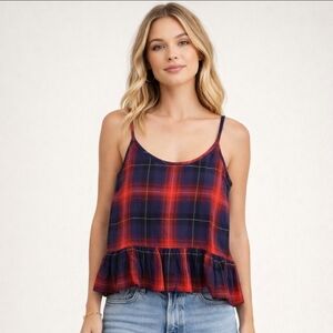 5x$25 Cloth & stone red blue peplum plaid tank top size small red blue